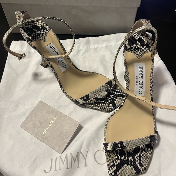Jimmy Choo Black & Taupe Snake Marin 90 Heeled Sandals Size 37 - Picture 1 of 9